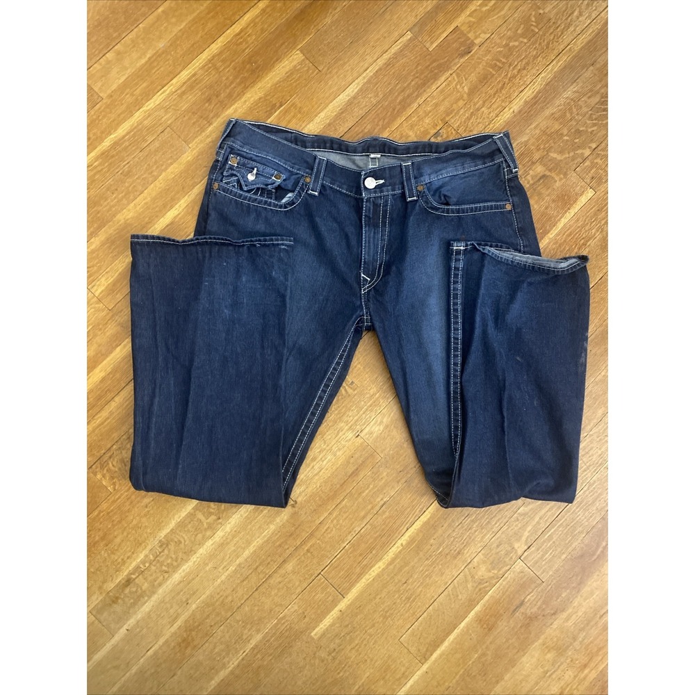 True Religion Boot Cut Blue Denim Jeans Men's Size 42x32 Wide Leg Flap Pockets - Picture 3 of 16